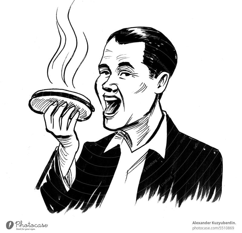 Mann isst Hot Dog. Tinte schwarz und weiß Zeichnung Kunst Kunstwerk beißend Karikatur Charakter Essen Fastfood Hotdog Grafik u. Illustration Tusche Mittagessen