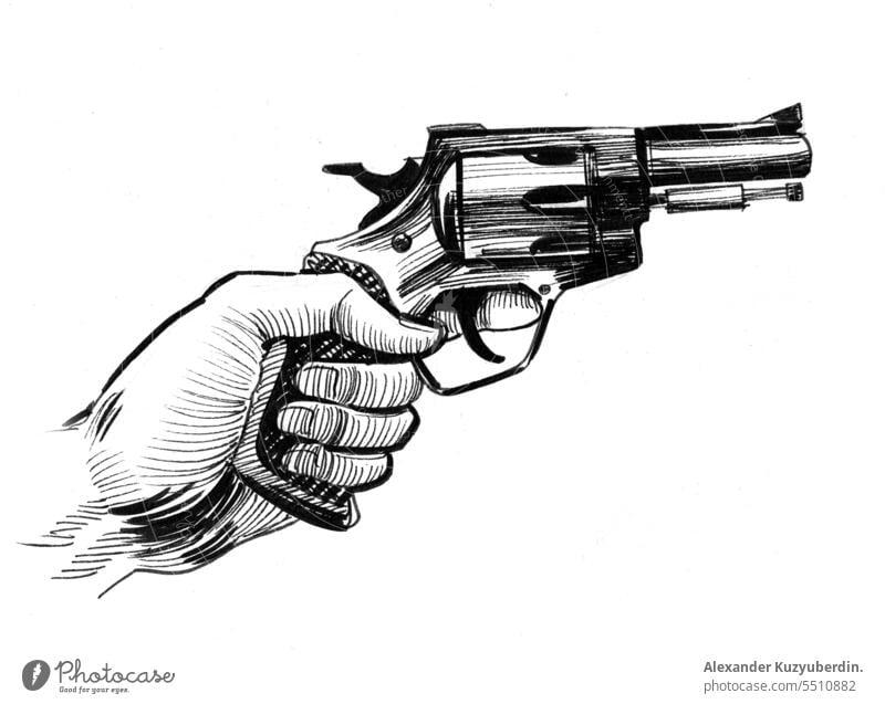 Hand mit einer Revolverpistole. Tinte schwarz und weiß Zeichnung Pistole zielen Ziel Schießen Schütze Gewalt altehrwürdig retro Kunst Kunstwerk Skizze Tusche