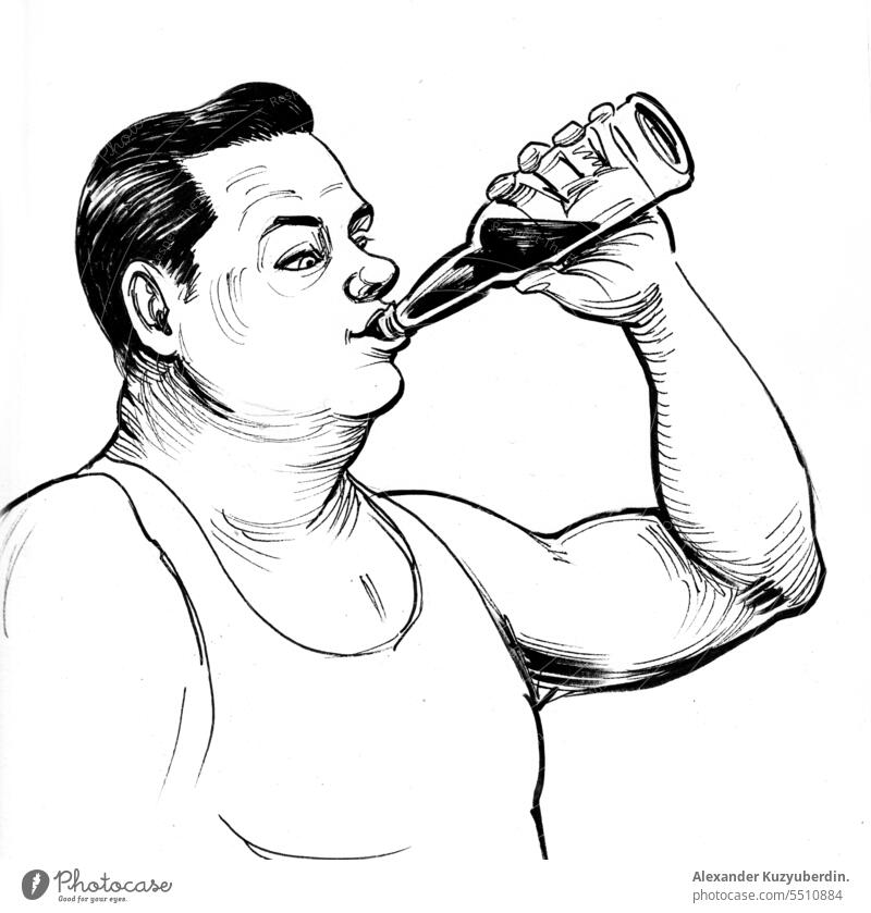 Dicker Mann trinkt Bier. Tinte schwarz und weiß Zeichnung Alkoholsucht alkoholisch betrunken Trunkenbold Biertrinken ungesund männlich Charakter altehrwürdig