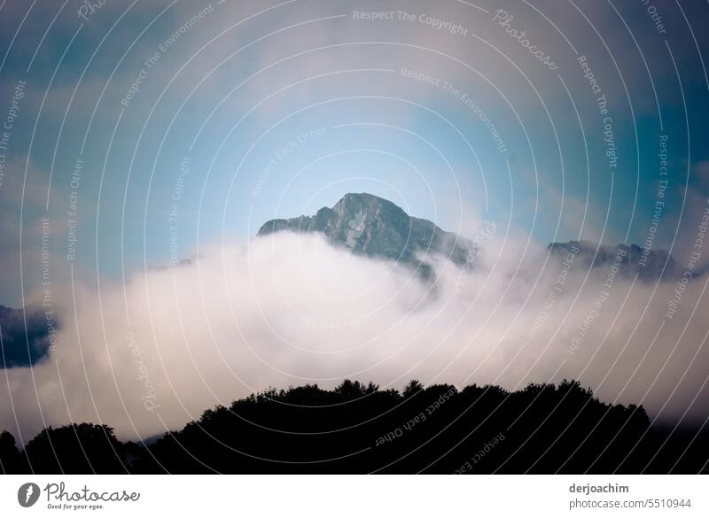 Die Bergspitze,  eingehüllt im Nebel, Morgens im Garmisch Partenkirchener Land. Nebelwand Menschenleer Nebelstimmung Farbfoto Außenaufnahme Tag Landschaft