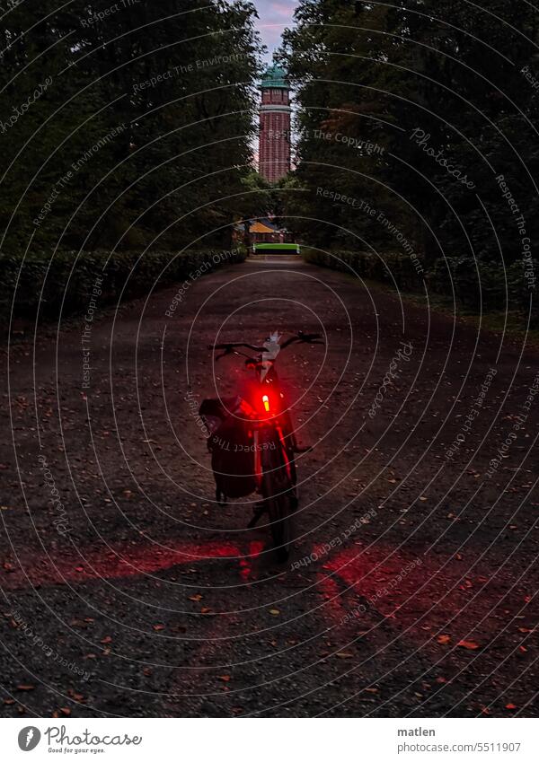 Fahrrad in der Dämmerung Licht beleuchtet Wasserturm dunkel Himmel Baeume Abend Farbfoto Menschenleer Architektur Allee