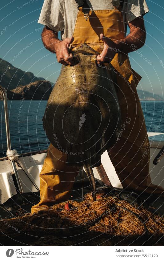 Unbekannter Fischer mit Stechrochen auf Boot Mann Schwimmer Fischen MEER Sommer Natur Wasser Gefäße männlich Spanien Soller Mallorca marin Verkehr Jacht Segel