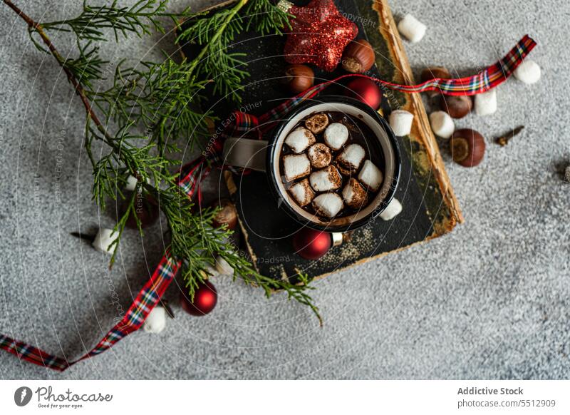 Becher mit Heißgetränk auf Buch Marshmallow Weihnachten Kakao süß trinken Getränk Zweig Tanne Winter Neujahr Dessert Feiertag festlich Veranstaltung nadelhaltig