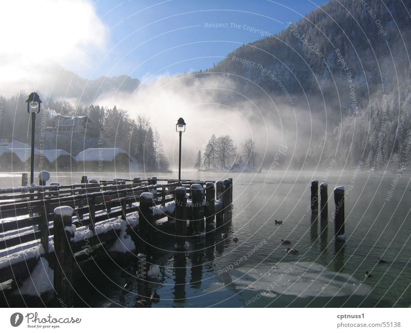 Königssee See Nebel Steg Bayern kalt Morgen frisch Romantik Außenaufnahme Wasser Eis Schnee Berge u. Gebirge Alpen Digitalfotografie Tag