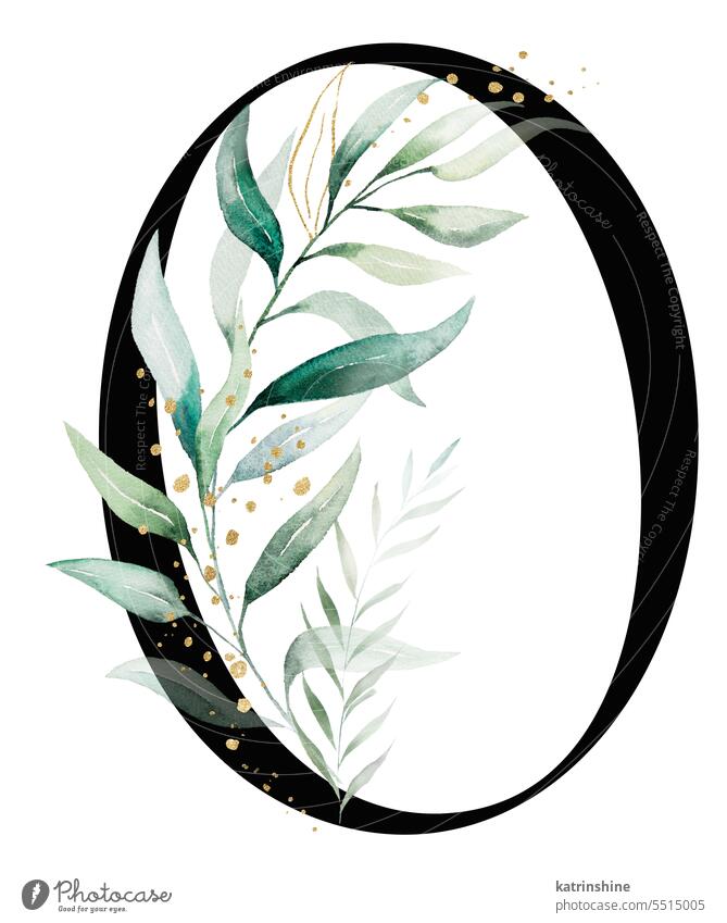 Schwarze Zahl 0 mit grünem Aquarell Blätter, isoliert Hochzeit Illustration, Alphabet Element Geburtstag botanisch Charakter Dekoration & Verzierung Zeichnung