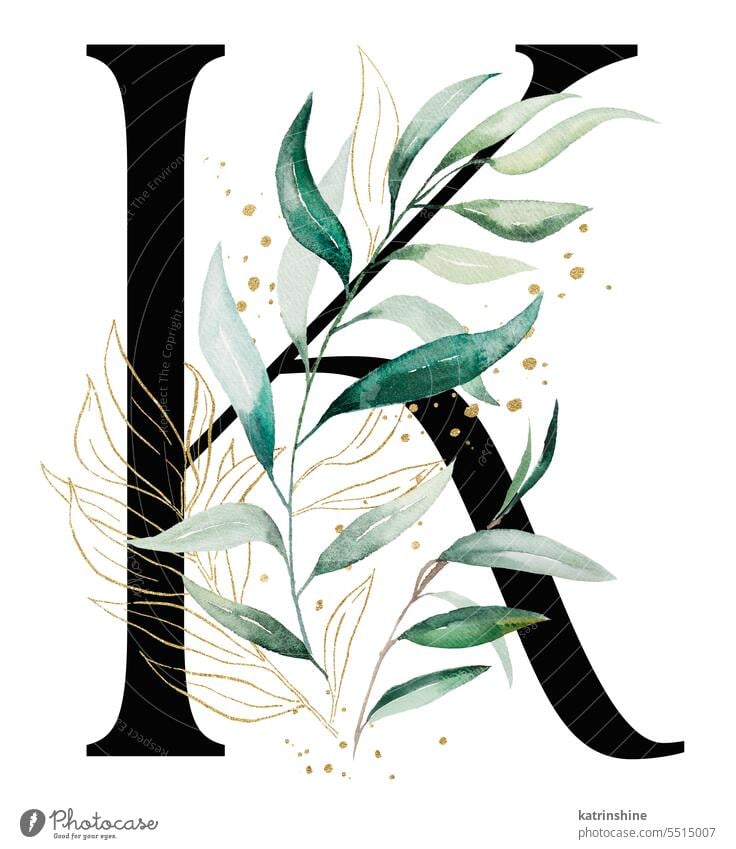 Schwarzer Buchstabe K mit grünem Aquarell Blätter, isoliert Hochzeit Illustration, Alphabet Element Geburtstag botanisch Charakter Dekoration & Verzierung