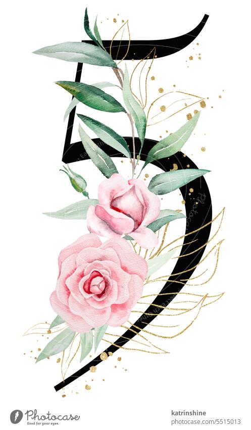 Schwarze Nummer 5 mit rosa Aquarellblumen und grünen und goldenen Blättern, isolierte Illustration. Geburtstag botanisch Dekoration & Verzierung Zeichnung
