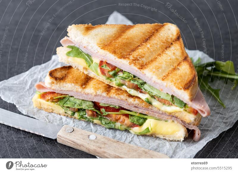 Panini-Sandwich mit Schinken, Käse, Tomate und Rucola auf schwarzem Schieferhintergrund Hintergrund Brot gekocht Fastfood Lebensmittel Korn gegrillt horizontal