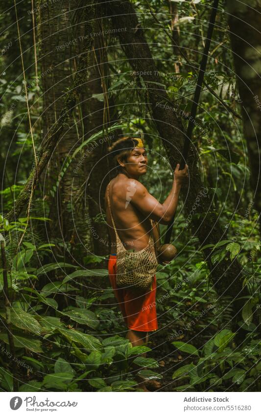 Stammesangehöriger mit langem Stock im Wald Mann ohne Hemd tropisch Natur Tasche Umwelt ernst exotisch grün männlich Sommer Wälder kleben Pflanze Baum Laubwerk
