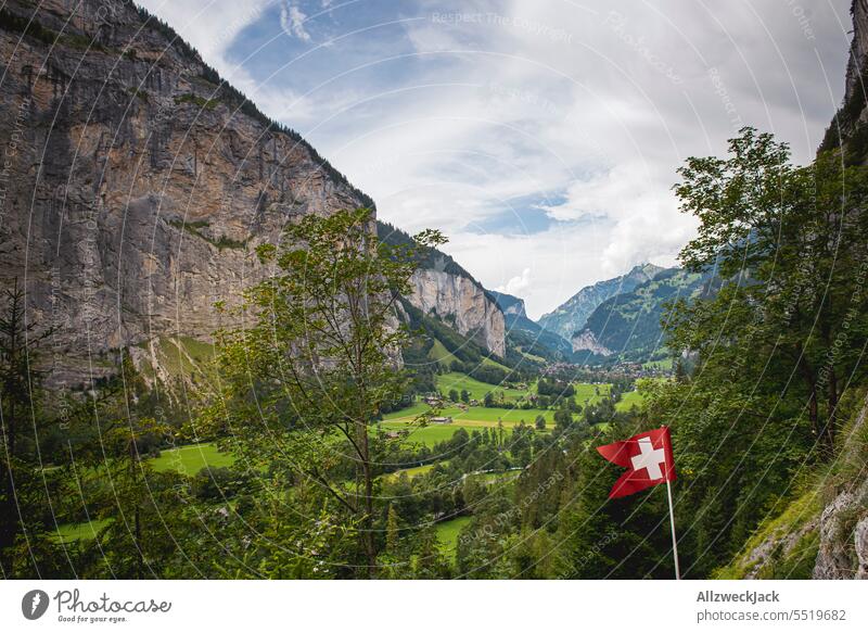 schweizer Flagge vor einem schönen Bergpanorama mit Blick auf ein Tal bei schönem Wetter Schweiz Schweizer Alpen Alm Wiese Natur grün saftig saftiges grün Bäume