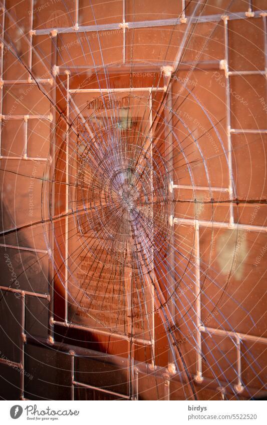 zersprungene Glasscheibe vor einer Tafel gesprungenes Glas Glasbruch kaputt Vandalismus Zerbrochenes Fenster gebrochen rund Wand Strukturen & Formen Zerstörung