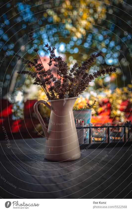 Vase mit Lavendel Krug Strauß Ranunkeln Herbst Garten