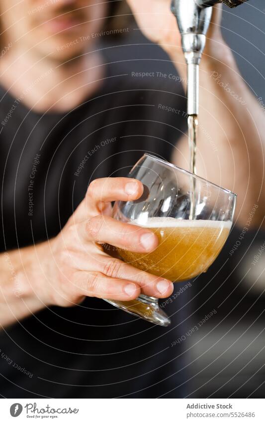 Ein unkenntlicher junger Mann steht und gießt Bier aus dem Zapfhahn in ein Glas eingießen offen Wasserhahn Alkohol Getränk durchsichtig trinken männlich