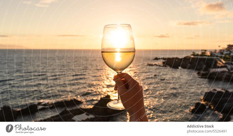 Kropfträger mit einem Glas Weißwein am Strand Person Hand weiß Wein Weinglas MEER Sonnenuntergang trinken feiern Urlaub Alkohol Getränk Himmel Wasser Rippeln