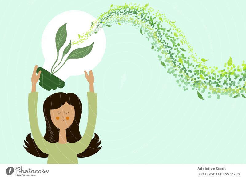 Flach Stil Illustration der jungen Frau mit Glühbirne grüne Pflanze Konzept Blatt Energie kreativ Umwelt Reflexion & Spiegelung Hintergrund Idee natürlich hell