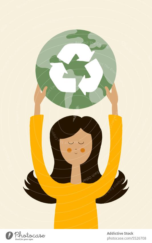 Flach Stil Illustration der jungen Frau mit Globus und recyceln Symbol grün Konzept wiederverwerten kreativ Umwelt behüten nachhaltig Planet Hintergrund Idee