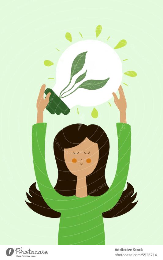 Flach Stil Illustration der jungen Frau mit grünen Glühbirne Konzept Energie kreativ sparen Planet Pflanze Hintergrund Idee natürlich hell farbenfroh Design