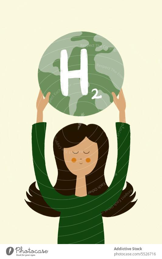 Flach Stil Illustration der jungen Frau mit Globus mit H2 Wort grün Konzept Energie kreativ sparen Planet Wasserstoff Hintergrund Idee natürlich hell farbenfroh