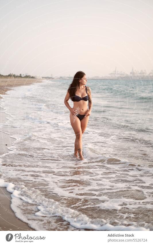 Sorglose Frau im Bikini am Strand BH MEER Urlaub Stil attraktiv Sommer Meer jung schlank Küste charmant Natur dunkles Haar Dame stehen Wasser sinnlich