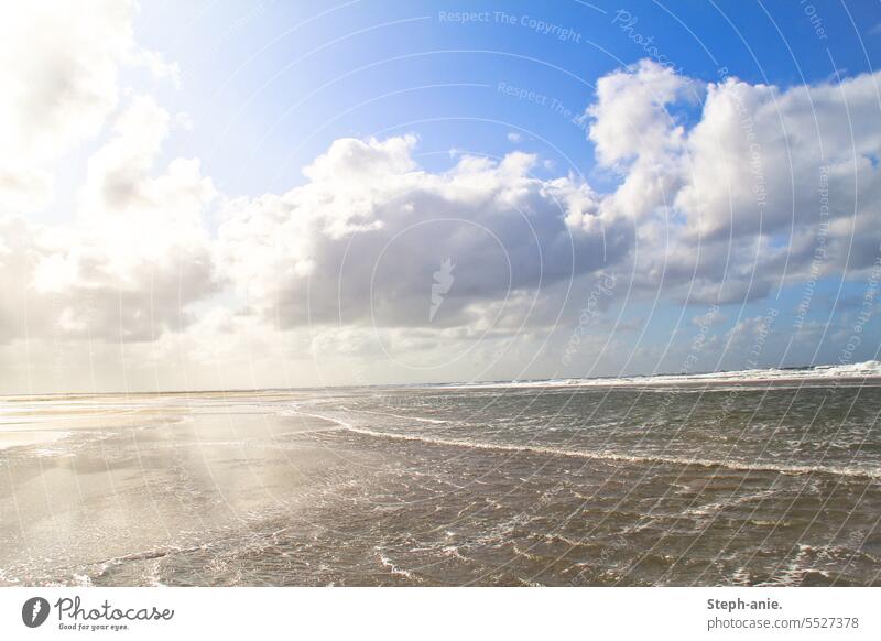 Sommermeer Meer Meereslandschaft Meeresufer Küste Küstenlandschaft Nordsee Nordseeküste Wolken Sommerurlaub Wellen Wellengang Flut Ebbe Strand Sonnenschein Sand