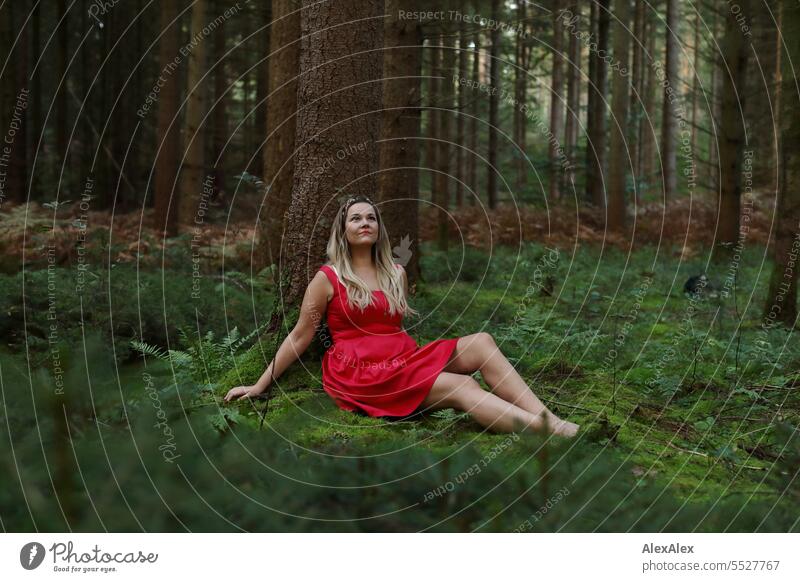 Portrait einer schönen, blonden, langhaarigen Frau, die in einem lichten Wald an einem Baum gelehnt sitzt und nach oben schaut blonde Haare lange Haare