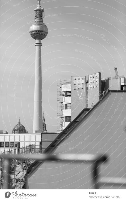 Ausschnitt Berlin Mitte bnw Fernsehturm Baustelle Herbst Hauptstadt Stadt Außenaufnahme Architektur Stadtzentrum s/w Menschenleer Schwarzweißfoto Tag Bauwerk