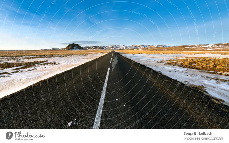 Freiheit :) Straße Island isländisch Straßenverlauf Gerade Winter Weite Horizonz Entfernung Berge u. Gebirge Schnee Himmel blau vulkanisch Natur Landschaft