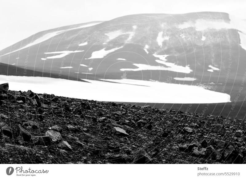 Schnee, Steine und Felshügel auf Island Nordisland Islandbild Felsen Hügel Hügelseite Berg Schneereste felsig Felsbrocken hügelig Felsformation vulkanisch