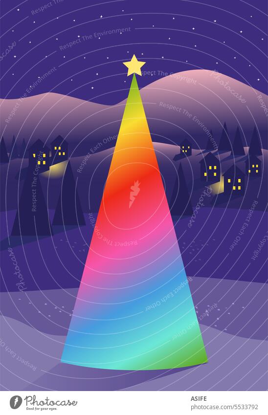 Illustration eines magischen Regenbogen-Weihnachtsbaums bei Nacht Weihnachten Textfreiraum farbenfroh Weihnachtskarte Hintergründe neonfarbig fluoreszierend