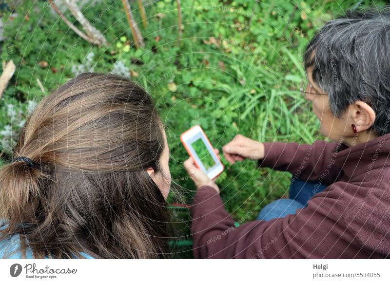 Weites Land | Pflanzenbestimmung per Smartphone Mensch Frau zwei Garten Vogelperspektive Detailaufnahme Haare & Frisuren feminin Erwachsene brünett