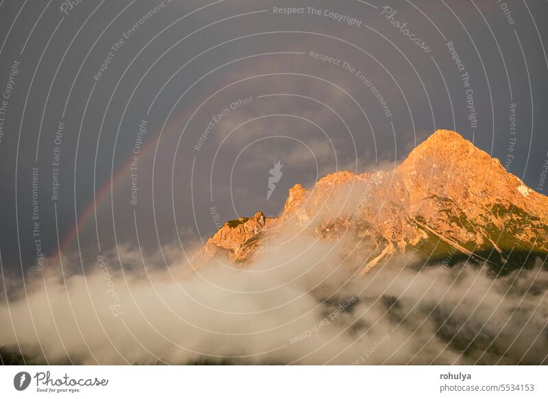 Regenbogen über Berggipfel nach Regen Sonnenuntergang Kamm Ambitus Nebel Wald Wälder Abenddämmerung Schönheit Himmel übersichtlich blau Gipfel Alpen alpin Berge