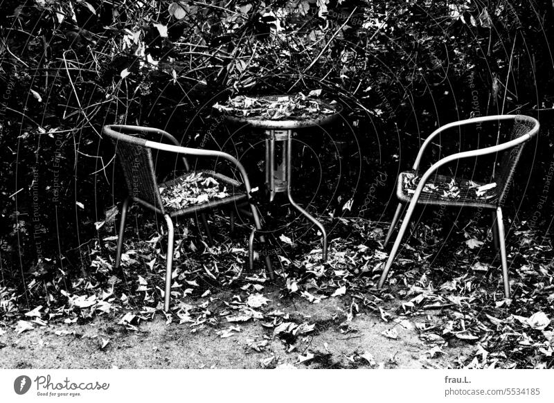Sitzgruppe Herbst Blätter Laub Tisch Stuhl Stühle herbstlich Herbstlaub Herbststimmung Laubwerk Jahreszeiten Vergänglichkeit Garten Hinterhof vergessen Büsche