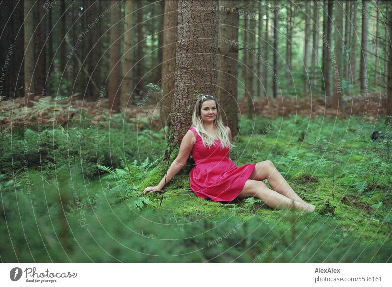 analoges Portrait einer schönen, blonden, langhaarigen Frau, die in einem lichten Wald an einem Baum gelehnt sitzt und in die Kamera schaut Gefühle attraktiv