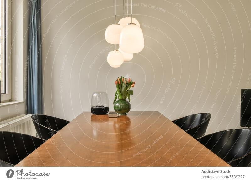 Pendelleuchte über dem Esstisch vor der Wand zu Hause Schmuckanhänger Licht beleuchtet speisend Tisch erhängen Innenbereich modern Appartement heimwärts Vase