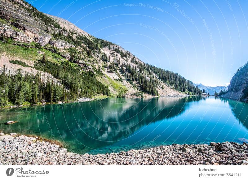 blau Reflexion & Spiegelung Wasser Lake Agnes friedlich Einsam stille Einsamkeit Himmel Ausflug Banff National Park Bergsee Steine Felsen Gletschersee