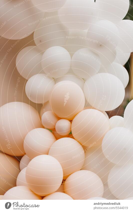 Nahaufnahme von verschiedenen Luftballons in verschiedenen Pastellfarben und Größen. Dekoration für Babyparty, Geschlechter- oder Geburtstagsfeier, Hochzeit und Taufe. Details eines festlichen Bogens für die Fotozone. Stilvolle Kulisse