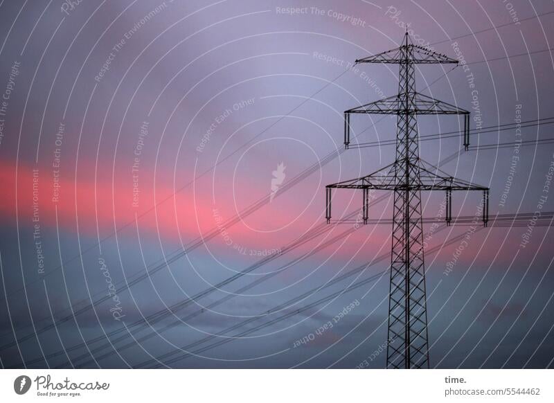 Abendrot Landschaft Himmel Horizont Wolken Umwelt Technologie Energiewirtschaft Stromleitungen Oberleitung Strommasten Baustelle Sonnenuntergang