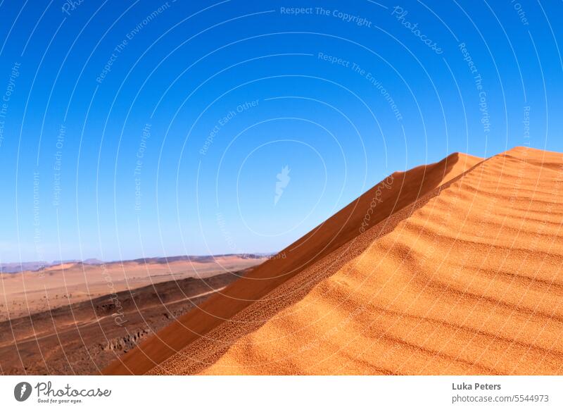 Sanddüne aus rotem Sand in der Wüste Marokkos vor blauem Himmel und mit Blick in eine weite Landschaft. Düne Ferien & Urlaub & Reisen Abenteuer Wärme Afrika