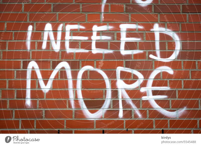 Ich brauche mehr Geld (Euro) , Grafitti, Schrift auf Backsteinwand Mangel Wunsch Bedürftigkeit geldmangel Mangeldenken Schriftzeichen € Armut englisch