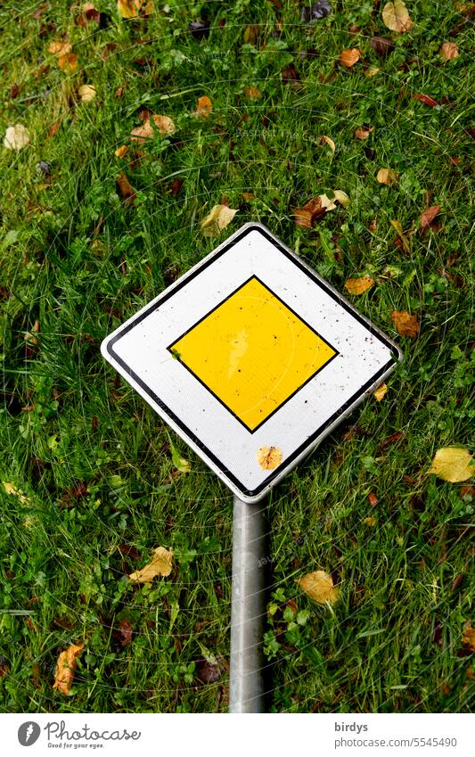 Vorfahrtsschild lliegt auf einer Wiese vorfahrtsschild Gras Verkehrszeichen liegend Vorrang Schilder & Markierungen Verkehrsschild symbolbild Vogelperspektive