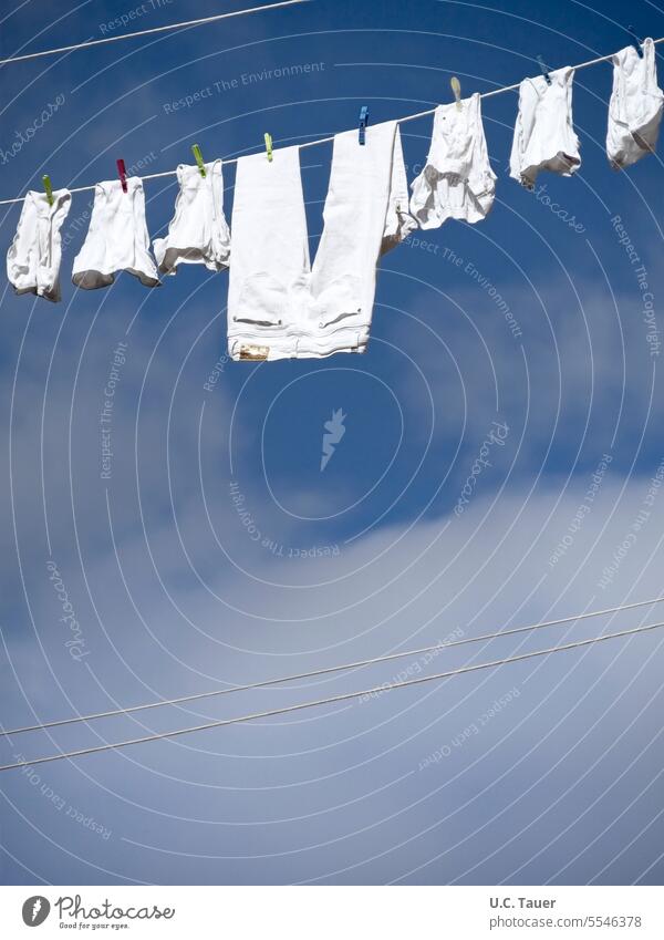 weiße (Unter-)Hosen auf Wäscheleine gegen blauen Himmel Unterwäsche Blauer Himmel Wäsche trocknen peinlich Wäscheklammern Sauberkeit aufhängen Waschtag
