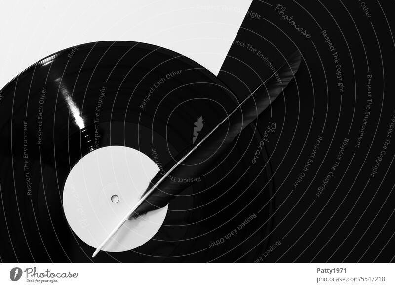 Schallplatte und schwarze Krähenfeder auf diagional geteiltem, schwarzweissem Hintergrund Vinyl Feder Musik schwarz auf weiß abstrakt Minimalismus retro analog