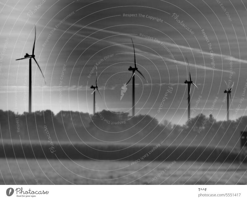 Windkraftanlagen am Waldrand im morgendlichen Nebel mit Kondensstreifen - die Rotorblätter glänzen in der aufgehenden Sonne energiewende windkraftanlage