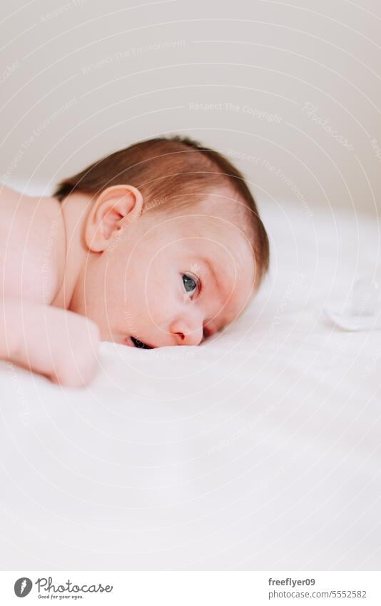 Porträt eines Neugeborenen in Studiobeleuchtung gegen Weiß Baby neugeboren Erstgeborenes Verlegung Hinlegen Textfreiraum Elternschaft Mutterschaft Unschuld