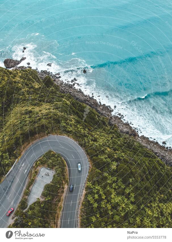 Straßen-Kurve an einer Küste von oben Drohne Meer Strand Dschungel Blau Landschaft Natur Wasser Außenaufnahme Grün Haarnadelkurve Neuseeland Welle Wellengang