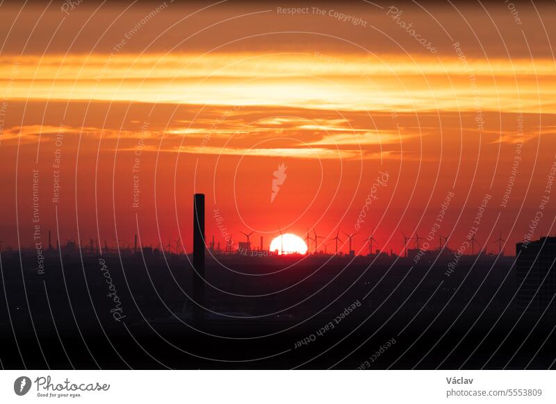 Sonnenuntergang über dem Horizont in Rotterdam. Rotlichtbestrahlung des Windparks und des Hafens. Sonnenuntergang in den Niederlanden Spedition Stadtzentrum