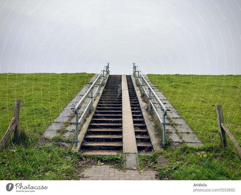 Treppe über’n Deich grün Wiese Stufen Ostsee Schutz Hochwasserschutz Küste Schleswig-Holstein Meer Natur Landschaft Strand Zaun Treppengeländer