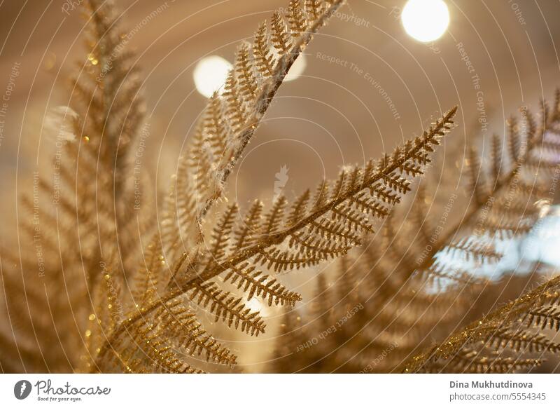 goldenen Zweig mit Glitter Weihnachtsdekoration Nahaufnahme auf Weihnachten Home Decor Markt bedeckt Dekoration & Verzierung Ast Pflanze Blätter Blatt Gruß