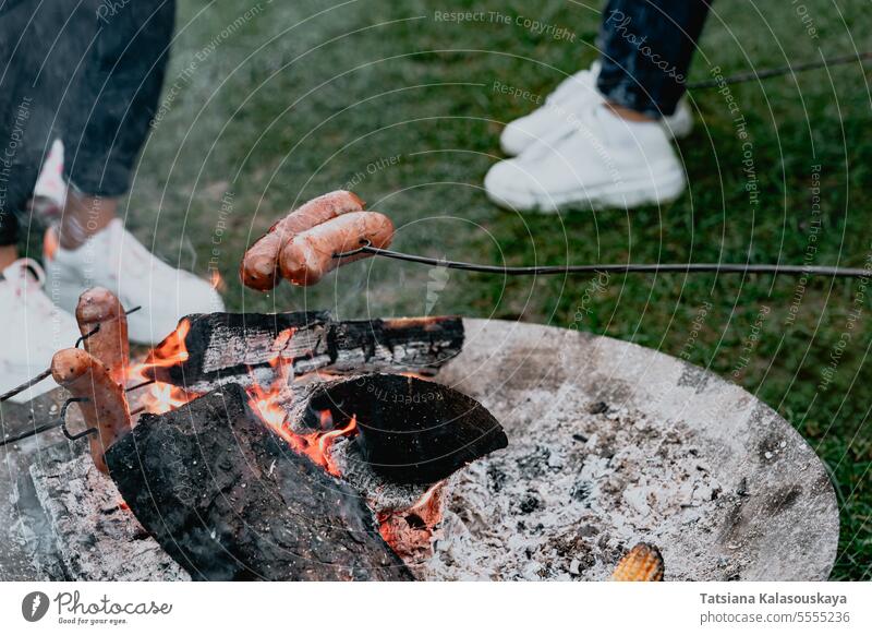 Eine Gruppe von Freunden brät Würstchen auf Metallspießen über einem Feuer Menschengruppe Braten Spieße Lebensmittel Grillrost Picknick Wurstwaren Freudenfeuer