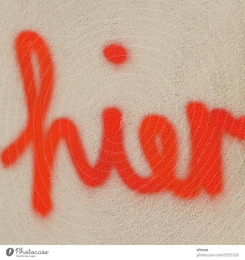 hier - steht in Handschrift und in knalligem rot an einer verputzten Hauswand Graffiti Jugendkultur Kreativität Schmiererei Straßenkunst Blog Aussage sprayen